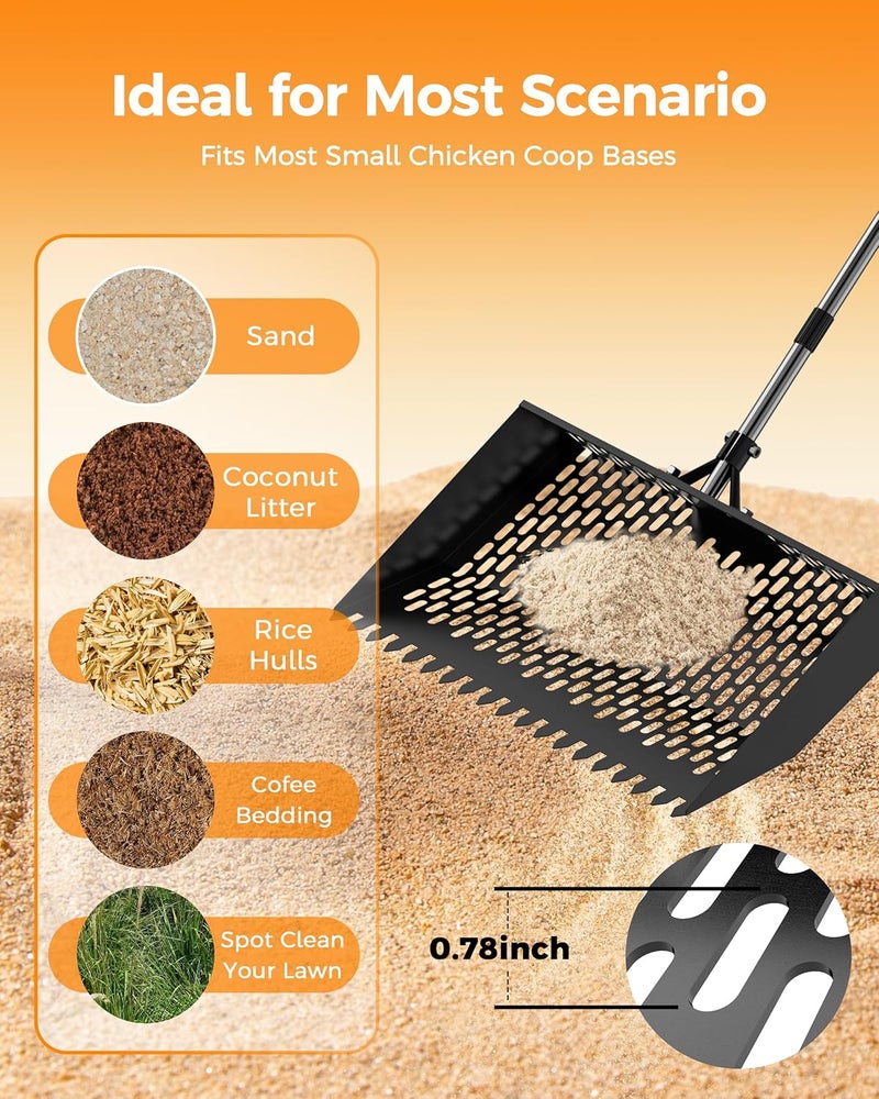 Besly 15 inches Large Chicken Poop Scooper & Rake 2-in-1, Adjustable Chicken Coop Pooper Shovel (37 to 77"), Sifting Litter Shovel Scoop for Chicken Coop/Goat Stall/Stable Cleaning Tool - Image 5